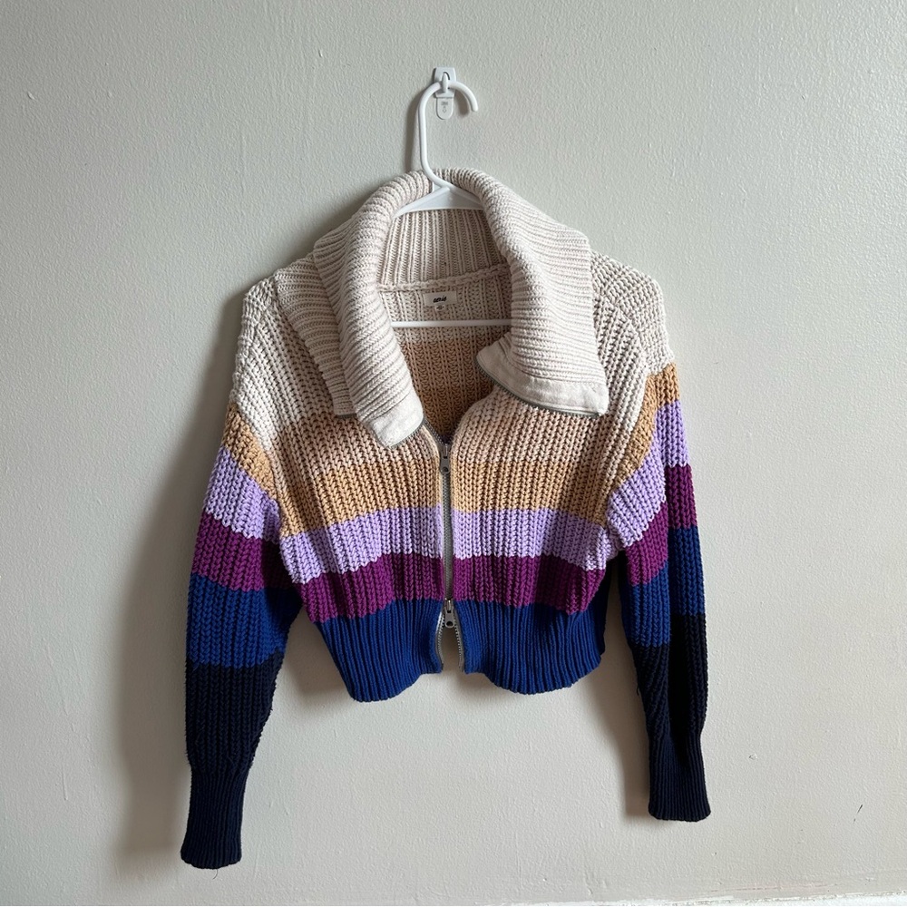 Aerie Knitted Dual-Zip Cropped Sweater Striped Size: S/P